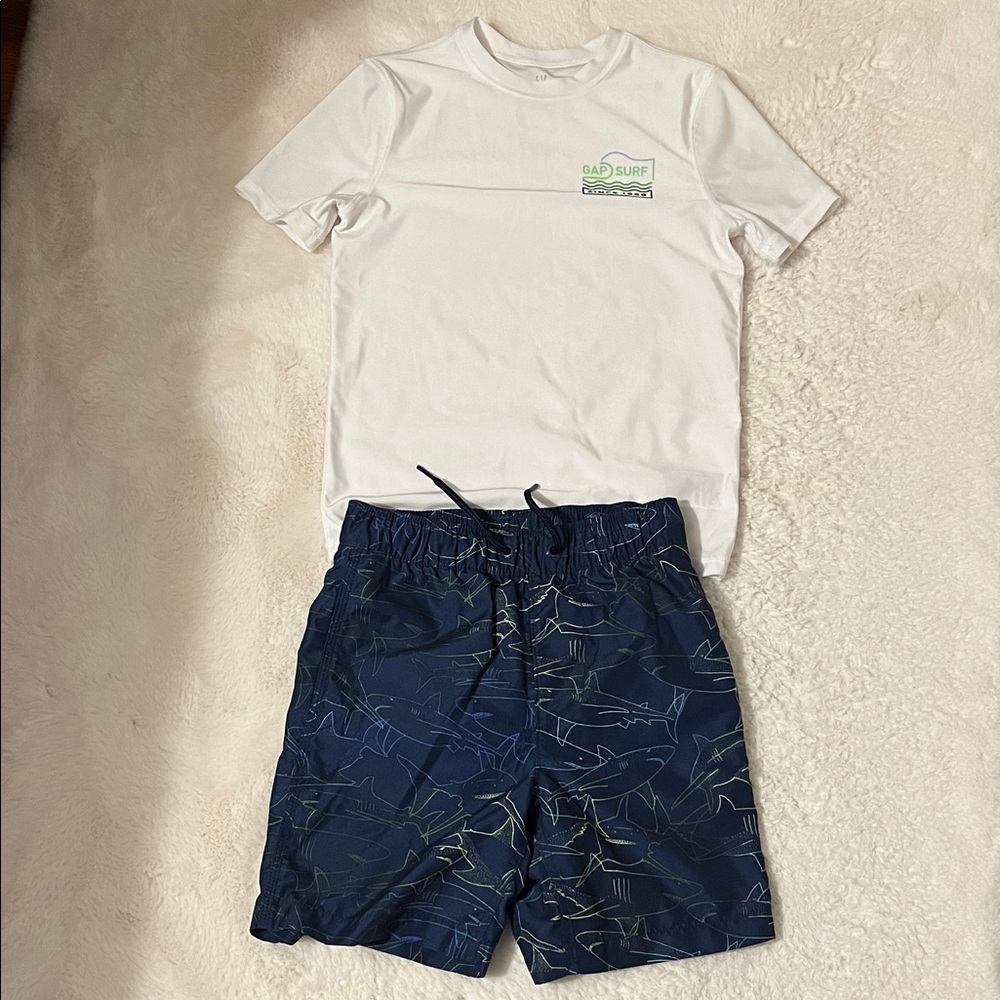 GAP White Tee with Green Logo & Navy Shark Print Swim Shorts
